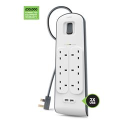 Belkin 6 Way Surge Protection Strip - 2m with 2 x 2.4 amp USB Charging
