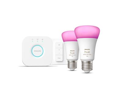 Philips Hue White and Colour Ambiance E27 Kit with 2x Bulbs, Bridge and Dimmer
