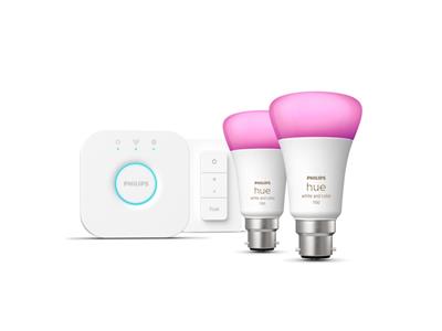 Philips Hue White and Colour Ambiance B22 Kit with 2x Bulbs, Bridge and Dimmer